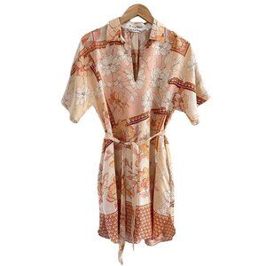LE SARTE PETTEGOLE Floral Tunic 100% Silk Belted Peach Shirt Top Size 40 XS